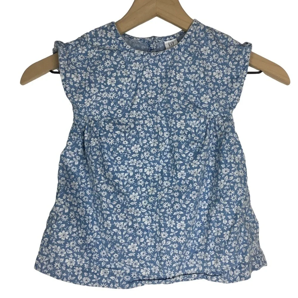 GAP Baby Dress Chambray Floral Bow Shoulder Lightweight Cotton Size 18-24M